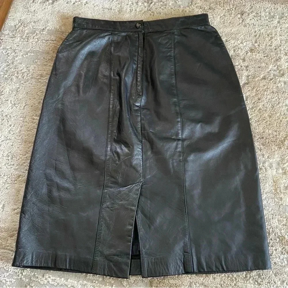 Evan Davies Petites Vintage 100% Leather Pencil Skirt Above Knee: 6